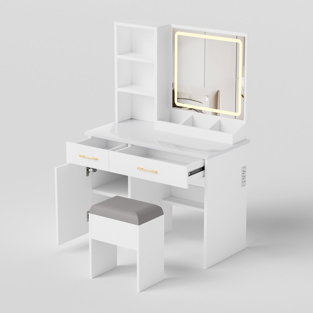 32" White Wood Mirrored Two Drawer Vanity Table And Lights