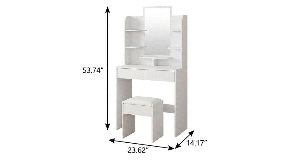 24" White Wood Mirrored Two Drawer Vanity Table And Lights