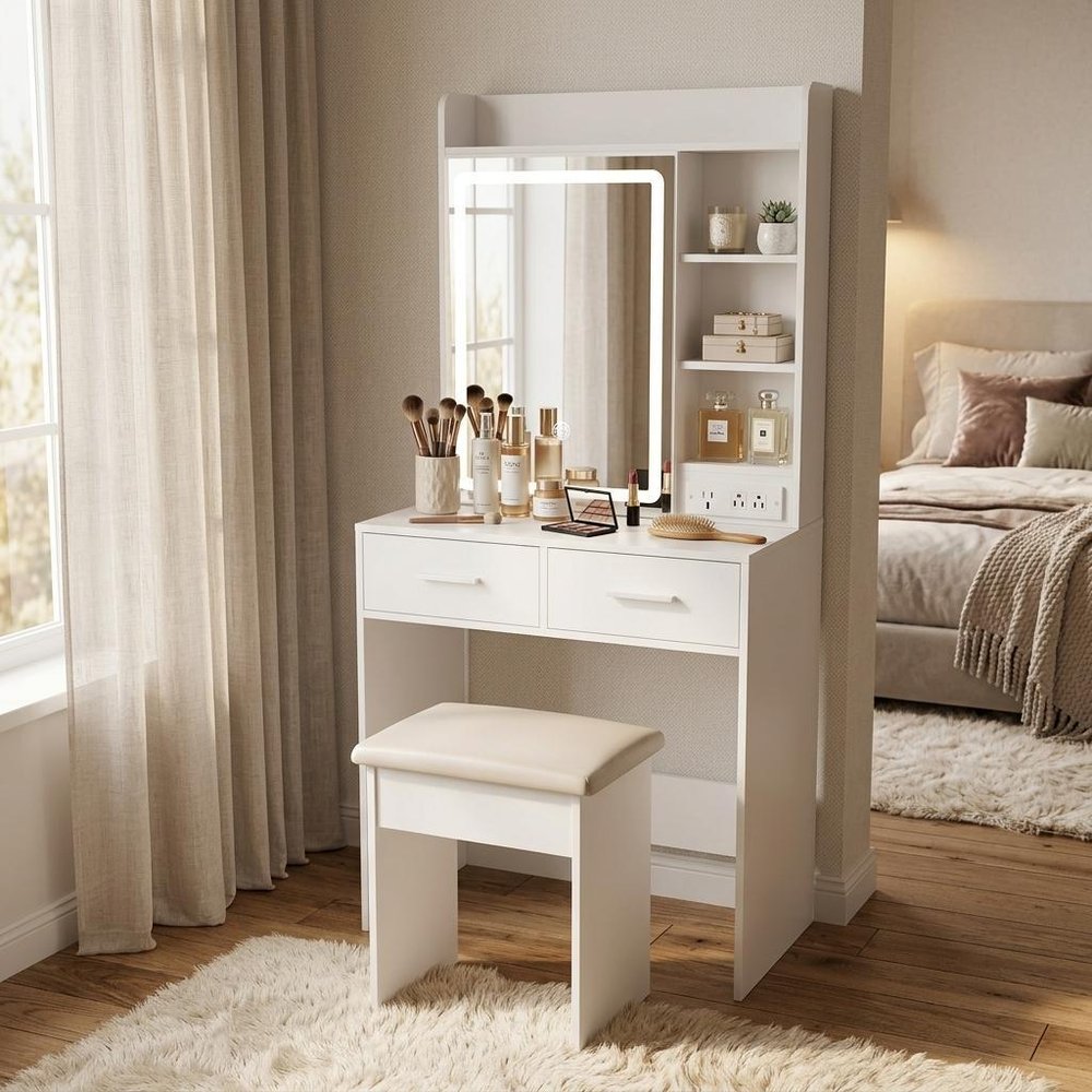 24" White Wood Mirrored Two Drawer Vanity Table And Lights