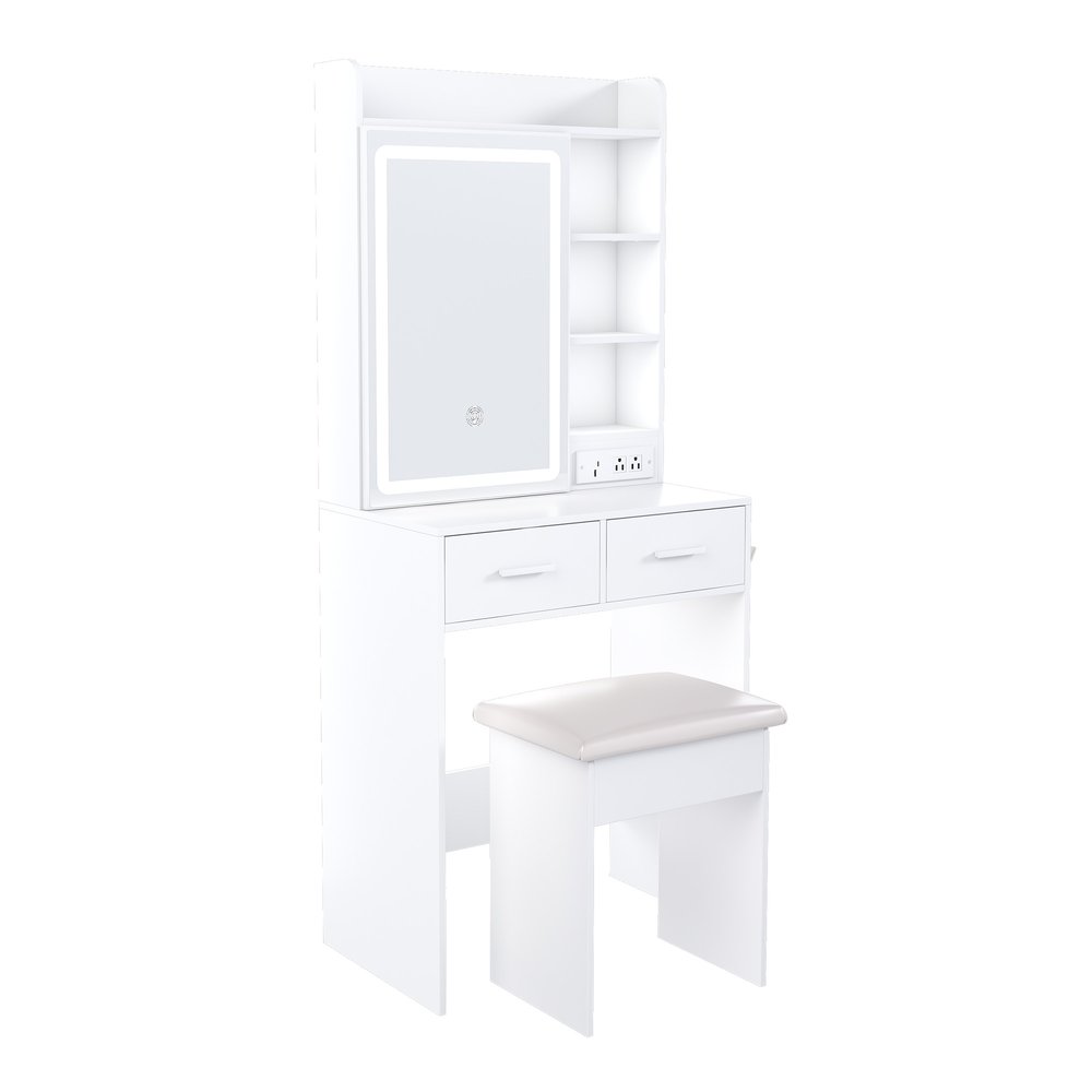 24" White Wood Mirrored Two Drawer Vanity Table And Lights