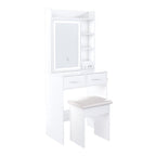 24" White Wood Mirrored Two Drawer Vanity Table And Lights