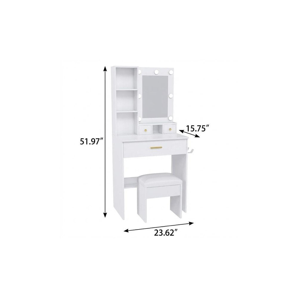 24" White Wood Mirrored Three Drawer Vanity Table And Lights