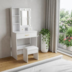 24" White Wood Mirrored Three Drawer Vanity Table And Lights