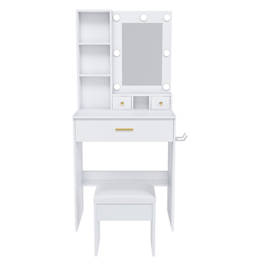 24" White Wood Mirrored Three Drawer Vanity Table And Lights