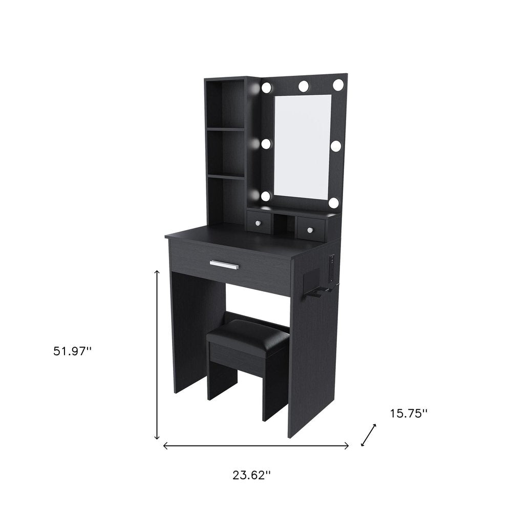24" Black Wood Mirrored Three Drawer Vanity Table And Lights