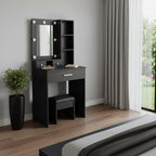 24" Black Wood Mirrored Three Drawer Vanity Table And Lights