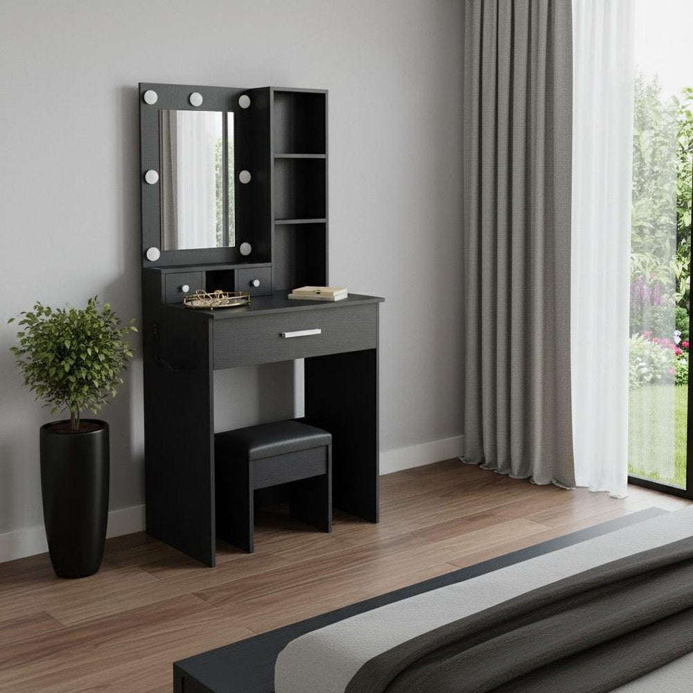 24" Black Wood Mirrored Three Drawer Vanity Table And Lights