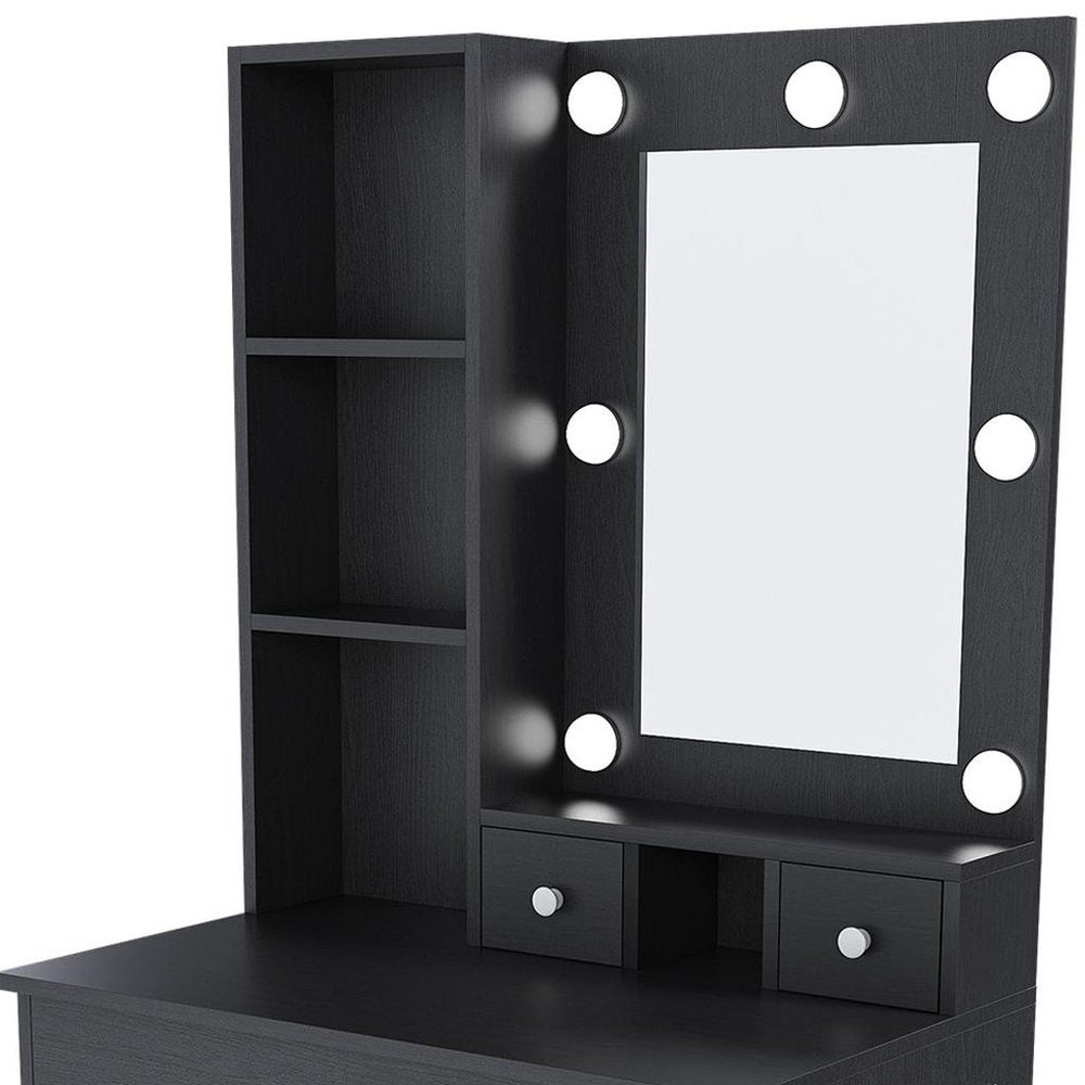 24" Black Wood Mirrored Three Drawer Vanity Table And Lights