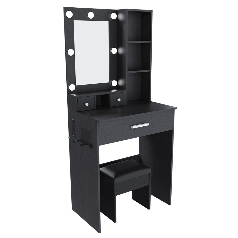 24" Black Wood Mirrored Three Drawer Vanity Table And Lights