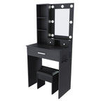 24" Black Wood Mirrored Three Drawer Vanity Table And Lights