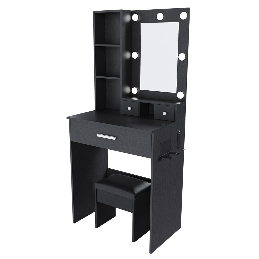 24" Black Wood Mirrored Three Drawer Vanity Table And Lights