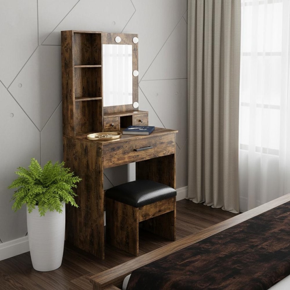 24" Brown Wood Mirrored Three Drawer Vanity Table And Lights