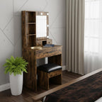24" Brown Wood Mirrored Three Drawer Vanity Table And Lights