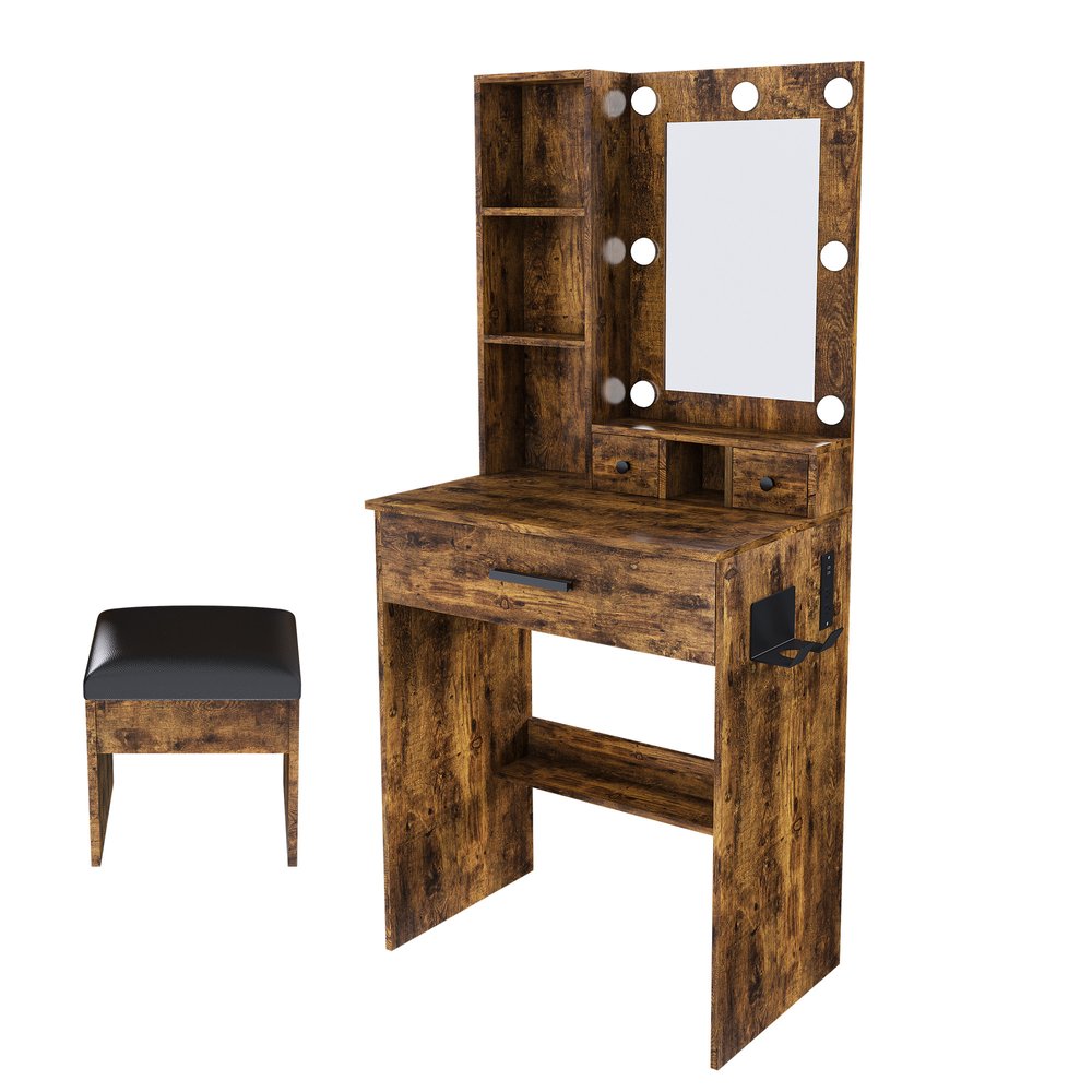 24" Brown Wood Mirrored Three Drawer Vanity Table And Lights