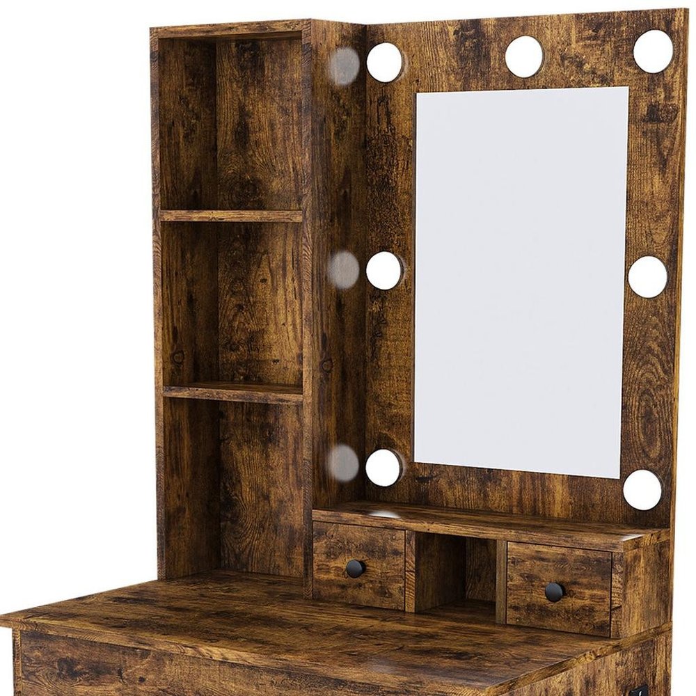 24" Brown Wood Mirrored Three Drawer Vanity Table And Lights