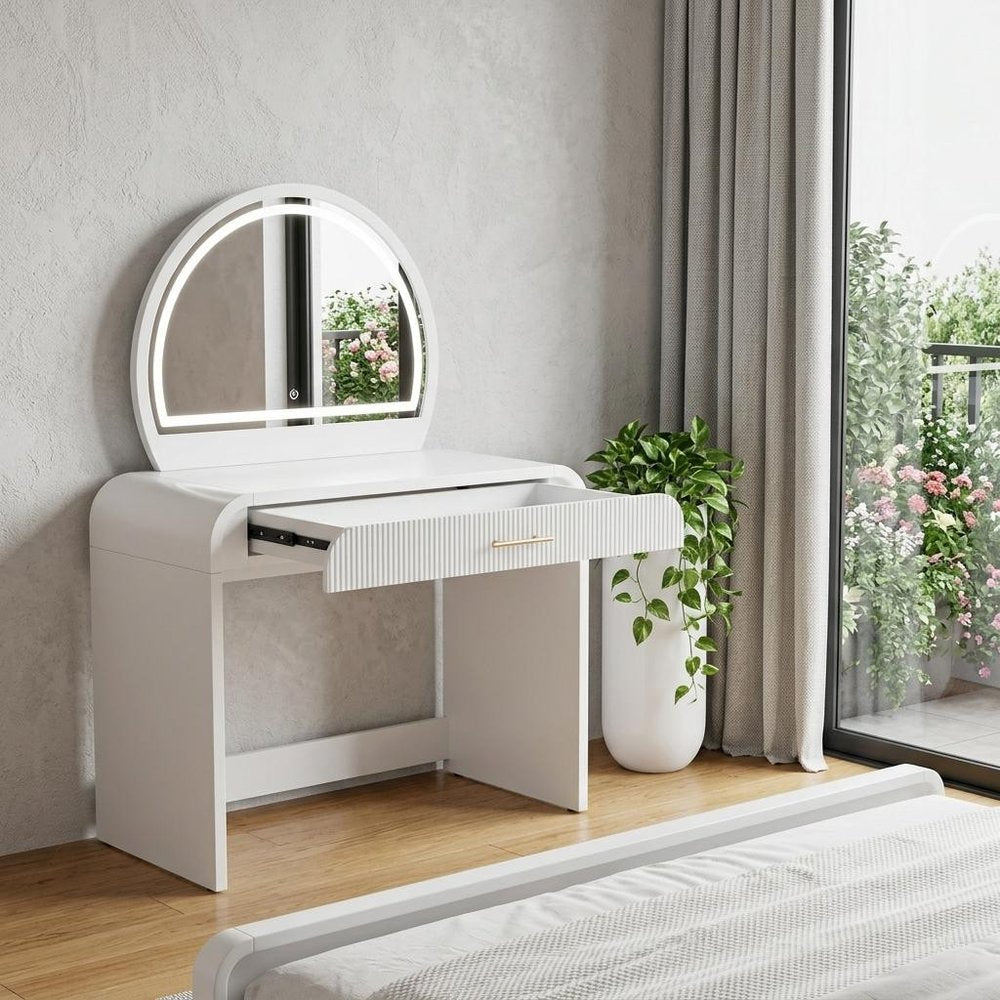 39" White Wood Mirrored Vanity Table And Lights