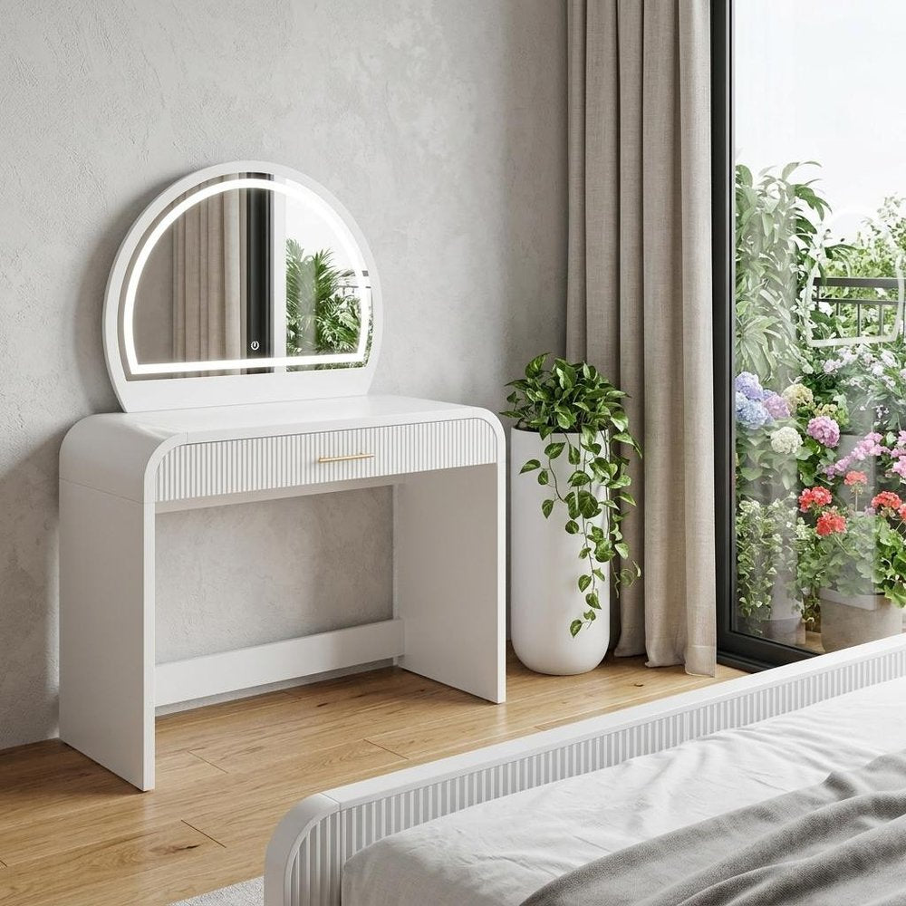 39" White Wood Mirrored Vanity Table And Lights
