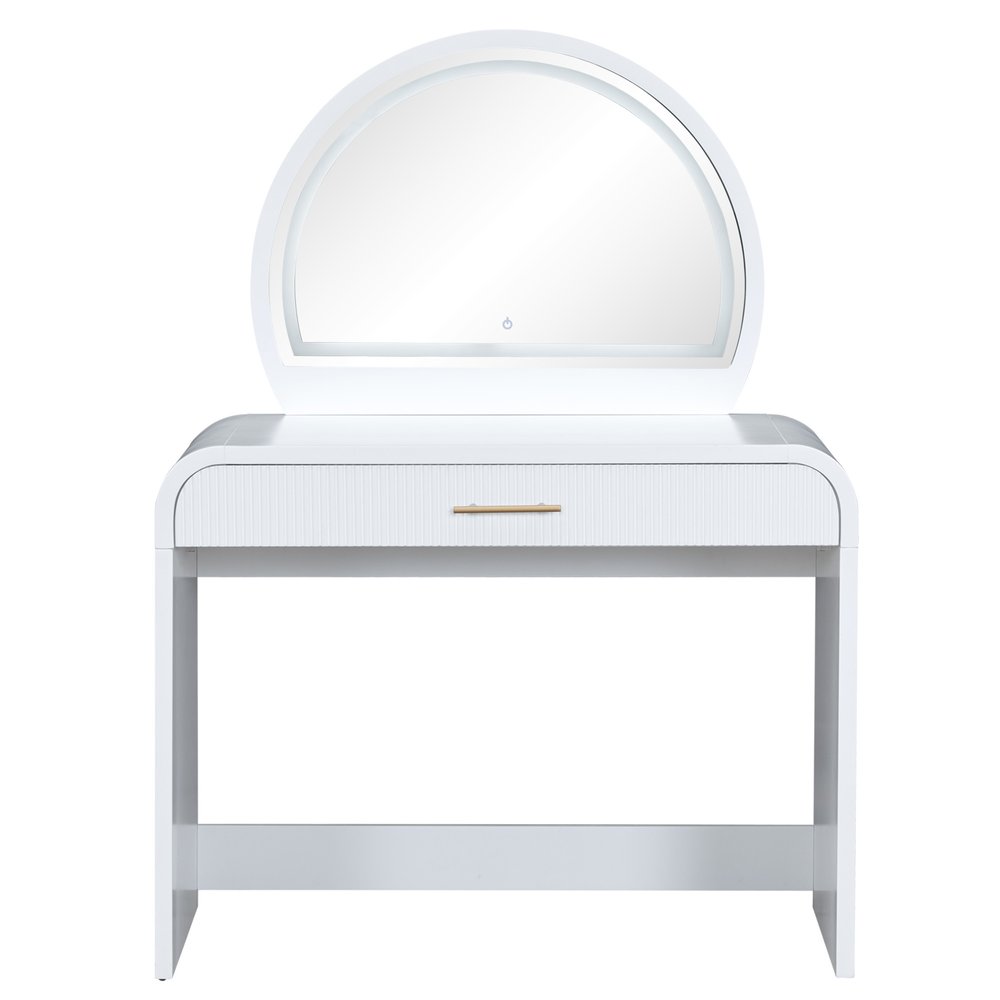 39" White Wood Mirrored Vanity Table And Lights
