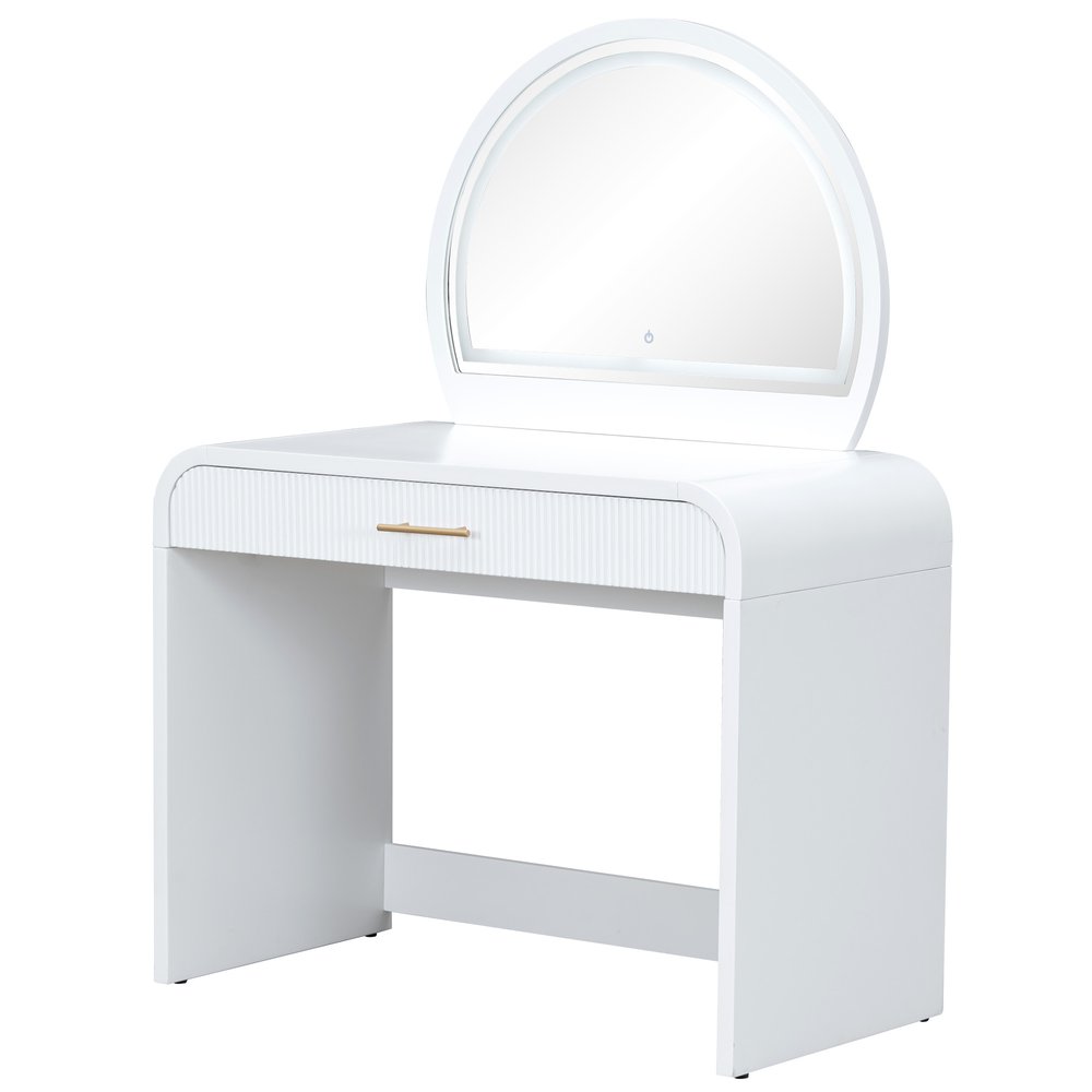 39" White Wood Mirrored Vanity Table And Lights