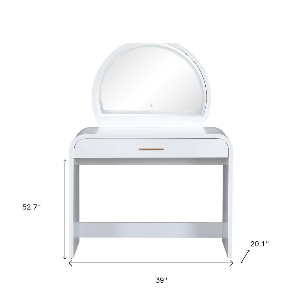 39" White Wood Mirrored Vanity Table And Lights