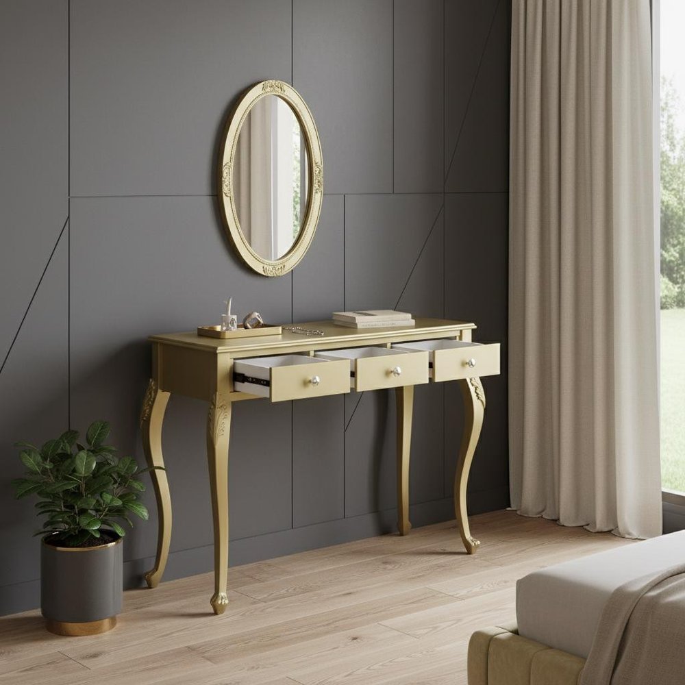 39" Brown Wood Mirrored Three Drawer Vanity Table