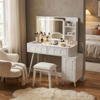 40" White Wood Mirrored Four Drawer Vanity Table And Lights