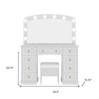 43" White Wood Mirrored Nine Drawer Vanity Table And Lights