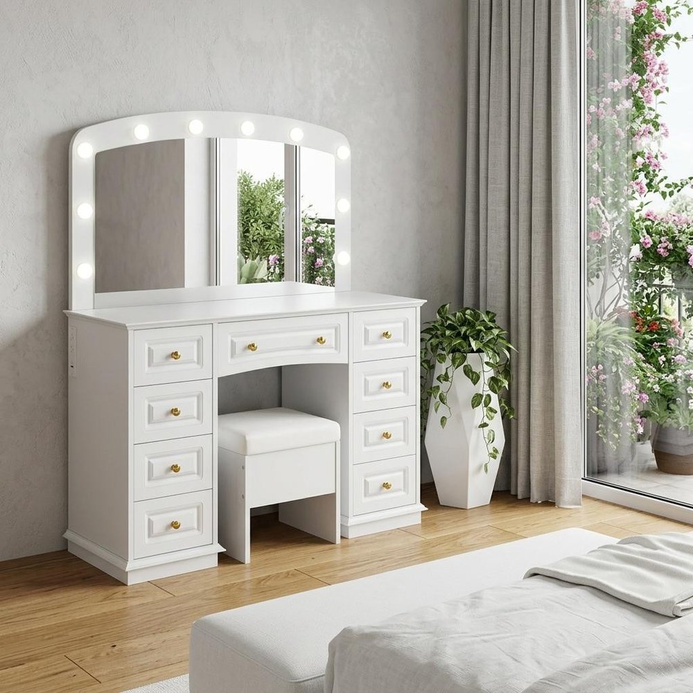 43" White Wood Mirrored Nine Drawer Vanity Table And Lights