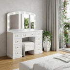 43" White Wood Mirrored Nine Drawer Vanity Table And Lights