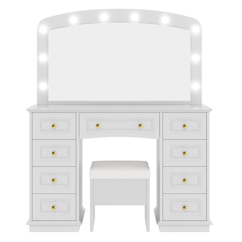 43" White Wood Mirrored Nine Drawer Vanity Table And Lights