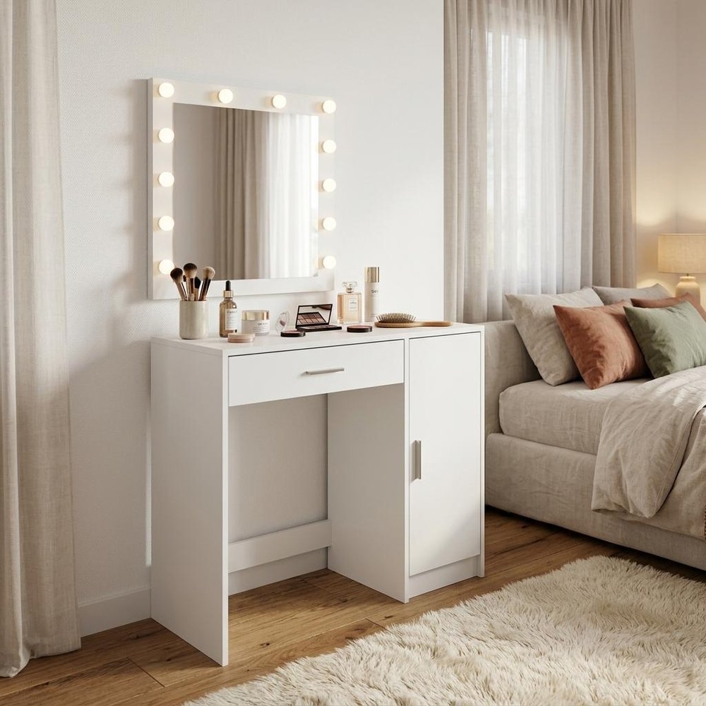 35" White Wood Mirrored Vanity Table And Lights