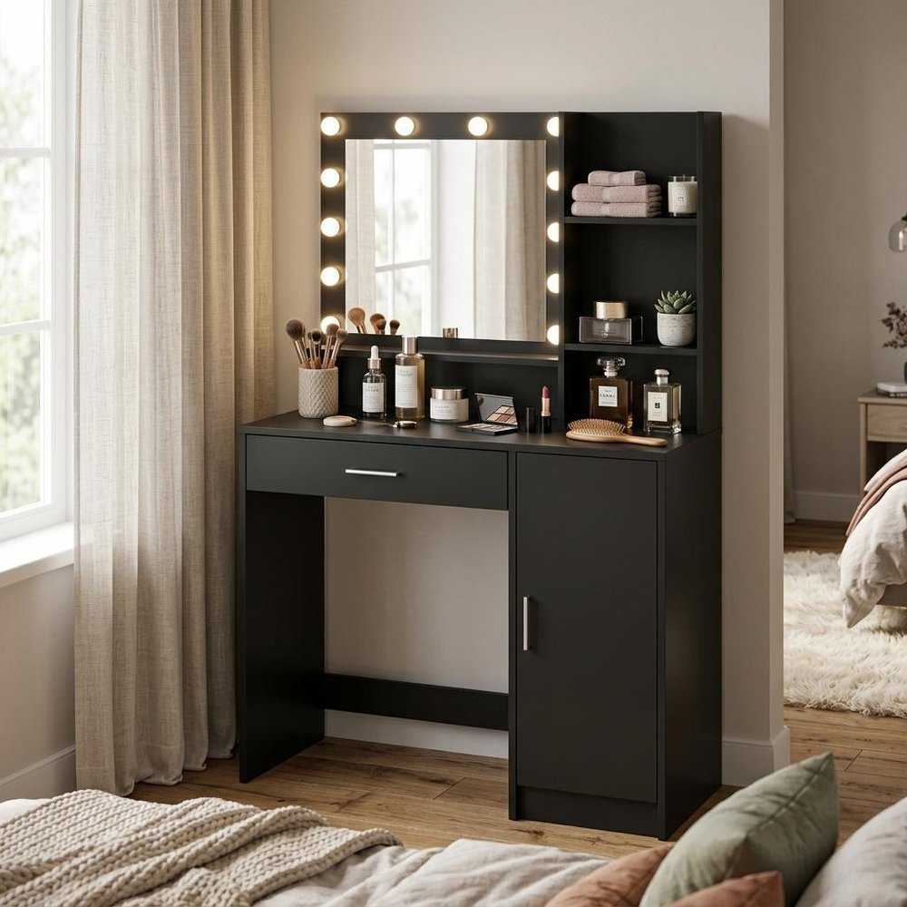 35" Black Wood Mirrored Vanity Table And Lights