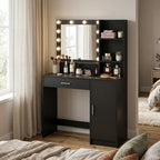 35" Black Wood Mirrored Vanity Table And Lights