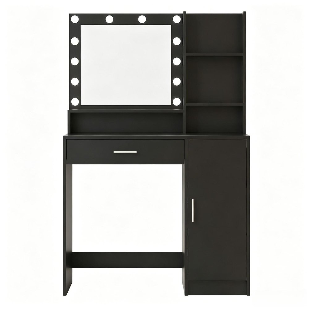 35" Black Wood Mirrored Vanity Table And Lights