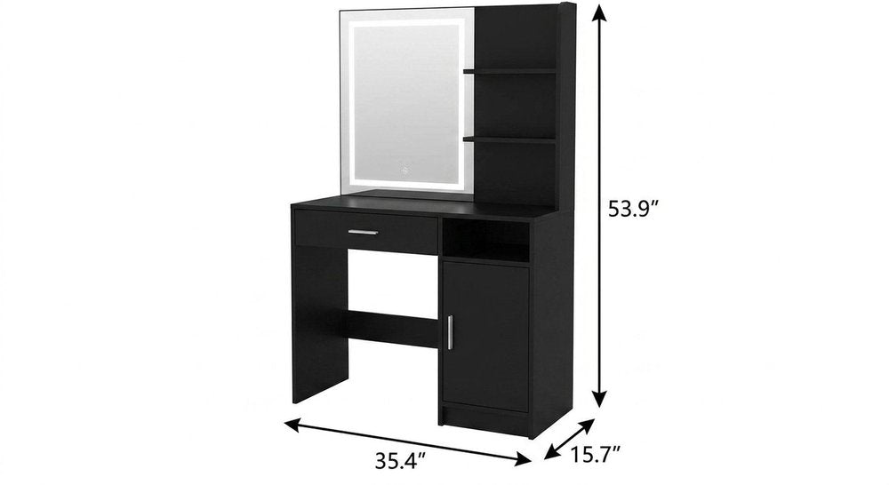 35" Black Wood Mirrored Vanity Table And Lights