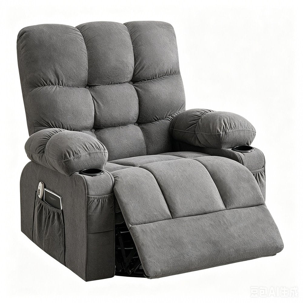 39" Gray Tufted Chenille Heated Massage Manual Rocker And Swivel Recliner With USB
