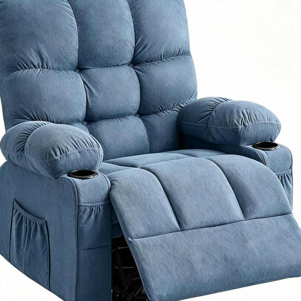 39" Blue Tufted Chenille Heated Massage Manual Rocker And Swivel Recliner With USB