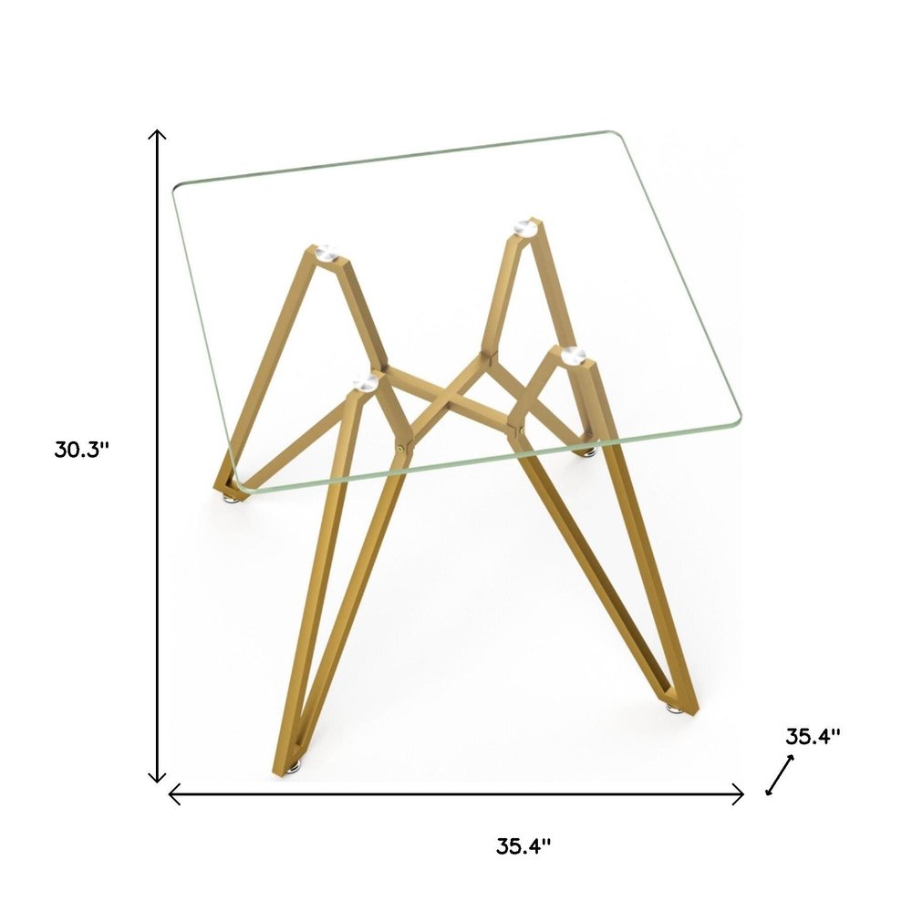 35" Clear and Gold Glass and Steel Square Dining Table