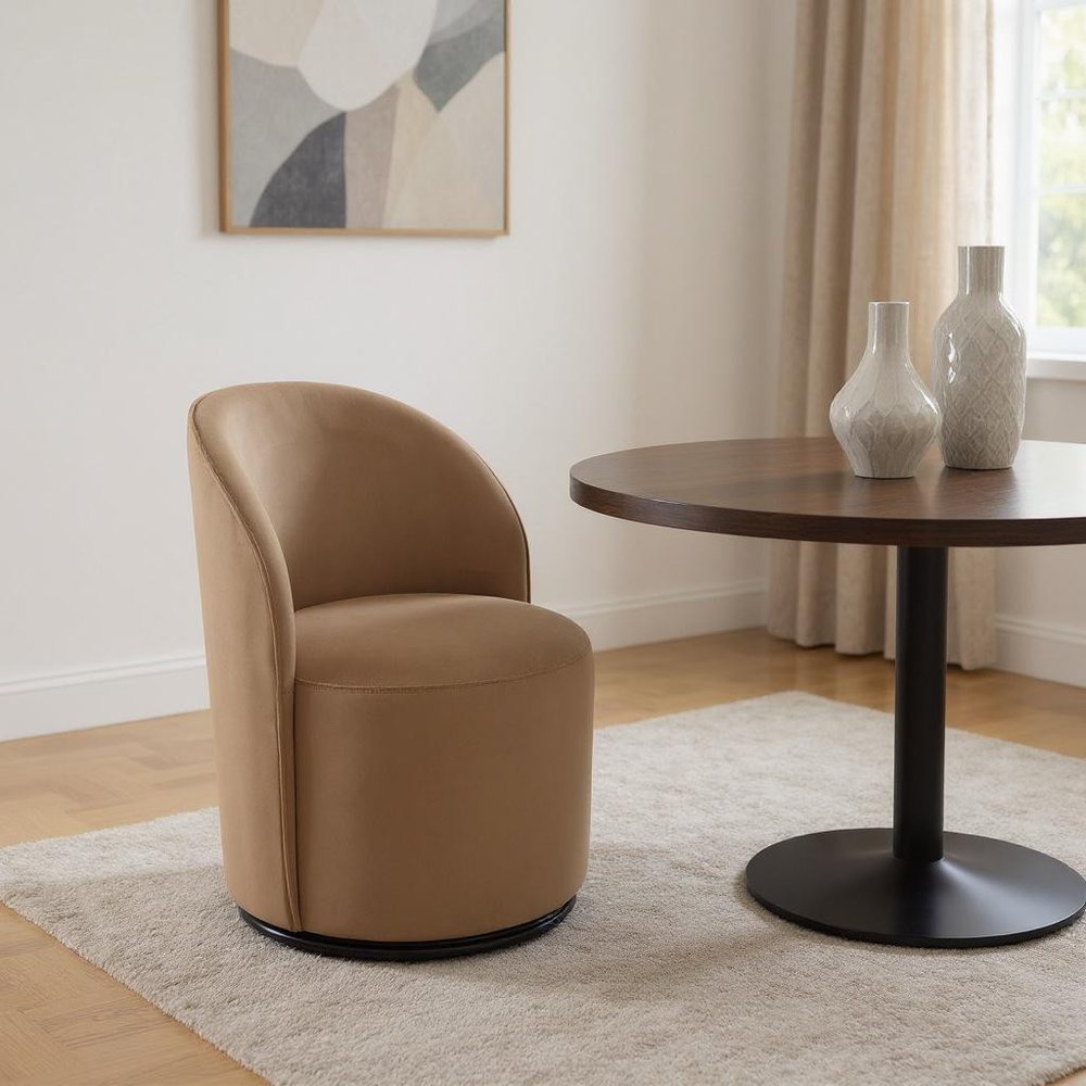 Brown and Black Velvet Curved Back Swivel Dining Arm Chair