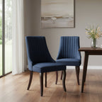 Set of Two Blue And Brown Linen And Solid Wood Dining Side Chairs