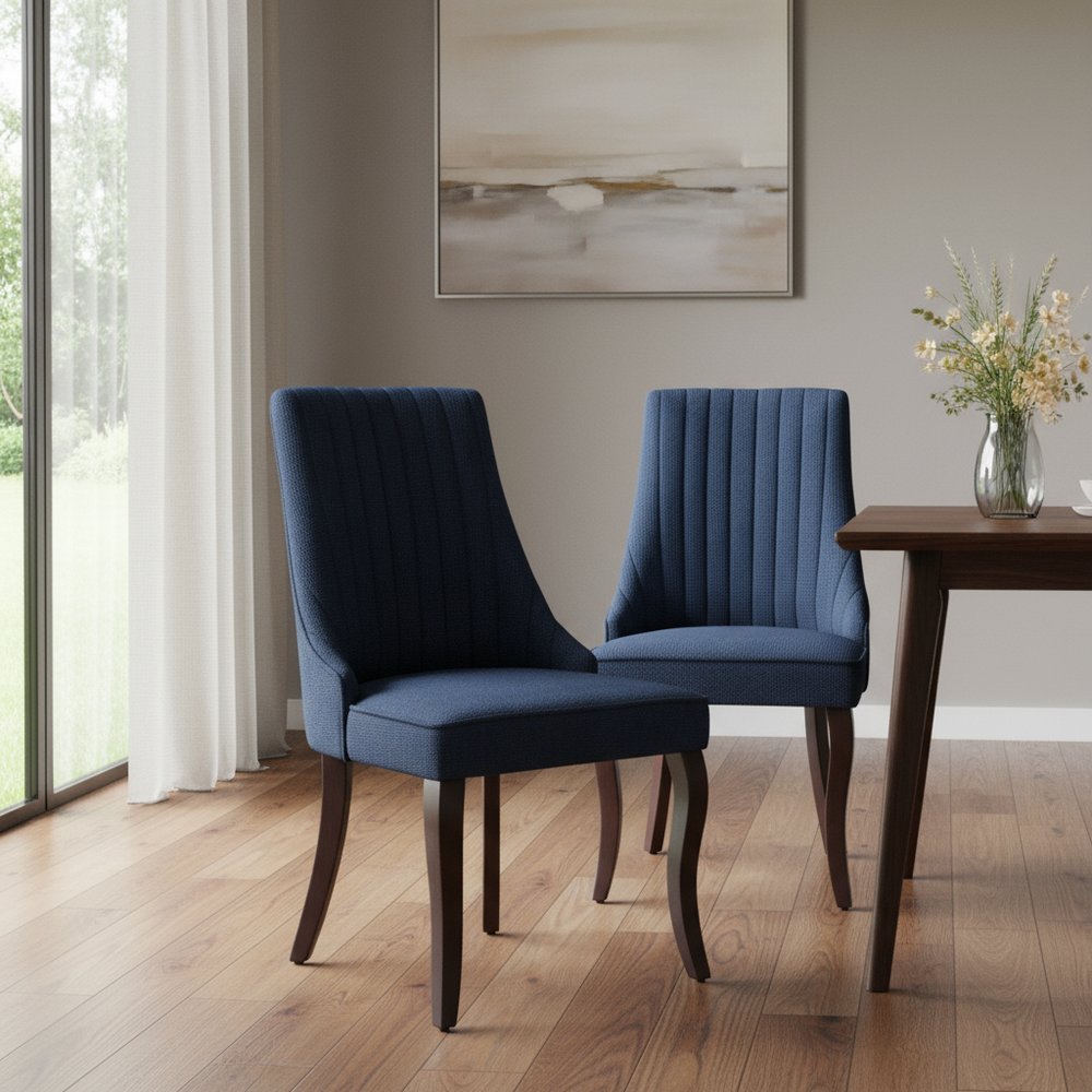 Set of Two Blue And Brown Linen And Solid Wood Dining Side Chairs