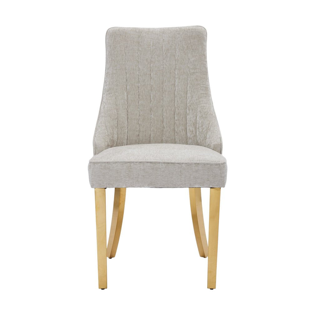 Set of Two Beige White And Gold Chenille And Stainless Steel Dining Side Chairs