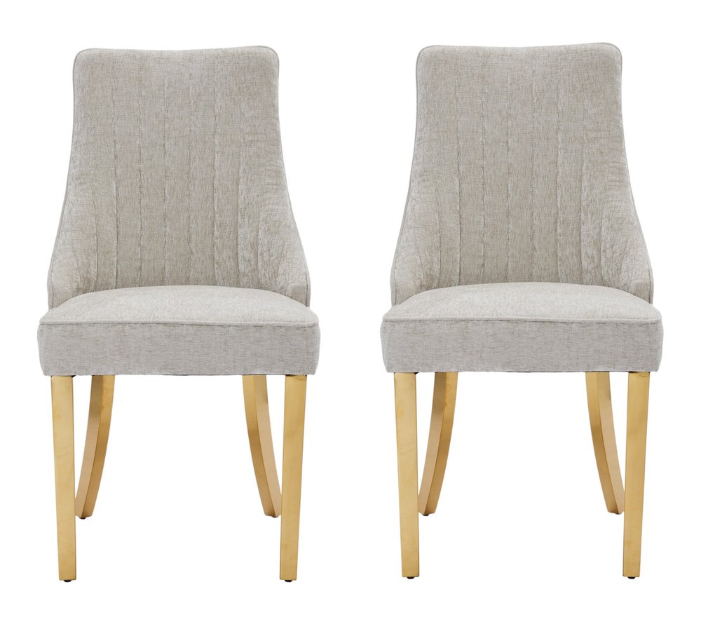 Set of Two Beige White And Gold Chenille And Stainless Steel Dining Side Chairs