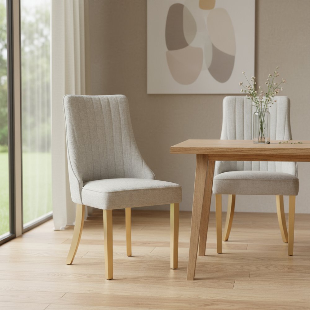 Set of Two Beige White And Gold Chenille And Stainless Steel Dining Side Chairs