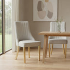Set of Two Beige White And Gold Chenille And Stainless Steel Dining Side Chairs