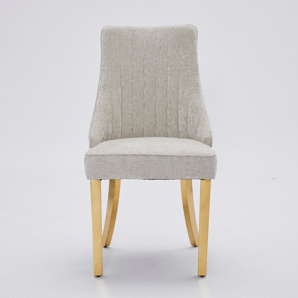 Set of Two Beige White And Gold Chenille And Stainless Steel Dining Side Chairs
