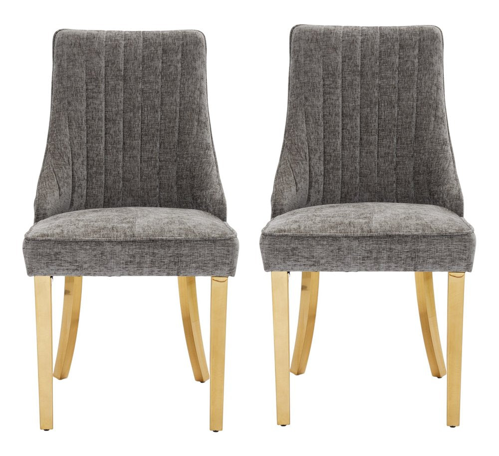 Set of Two Beige White And Gold Chenille And Stainless Steel Dining Side Chairs
