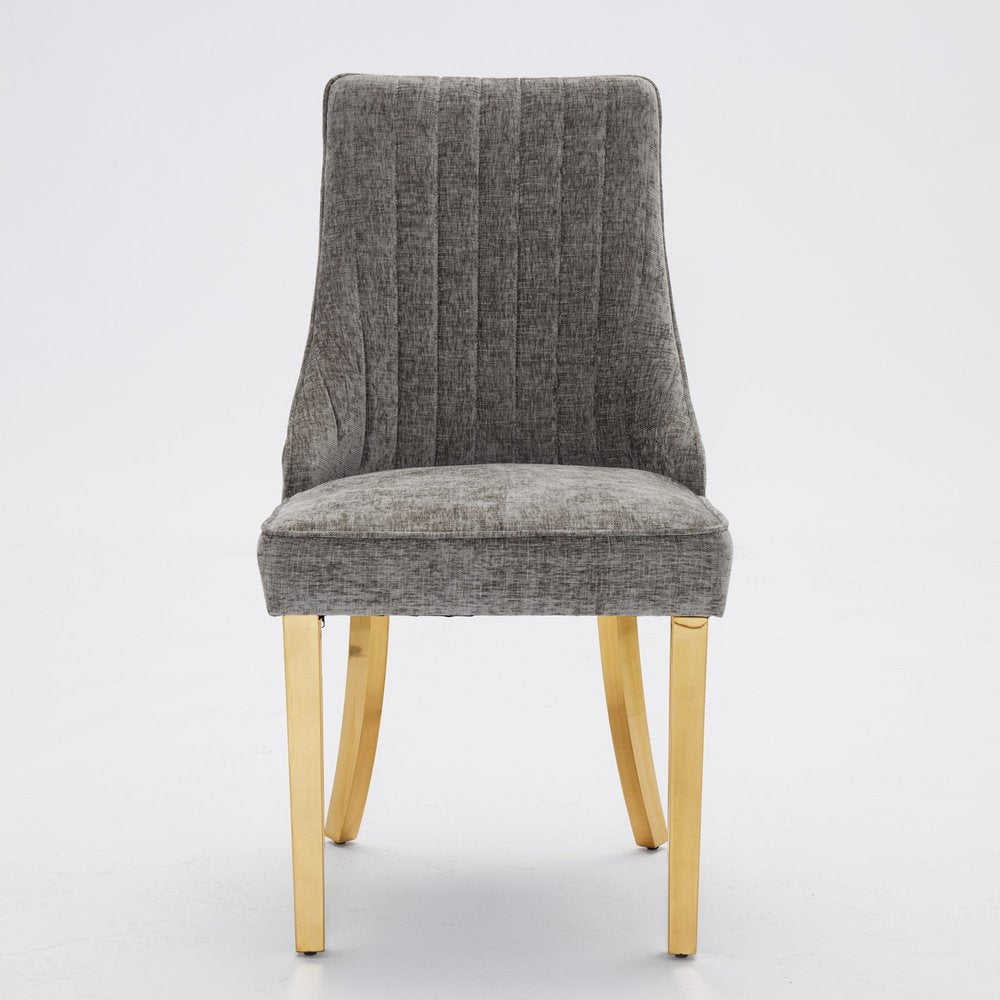 Set of Two Beige White And Gold Chenille And Stainless Steel Dining Side Chairs