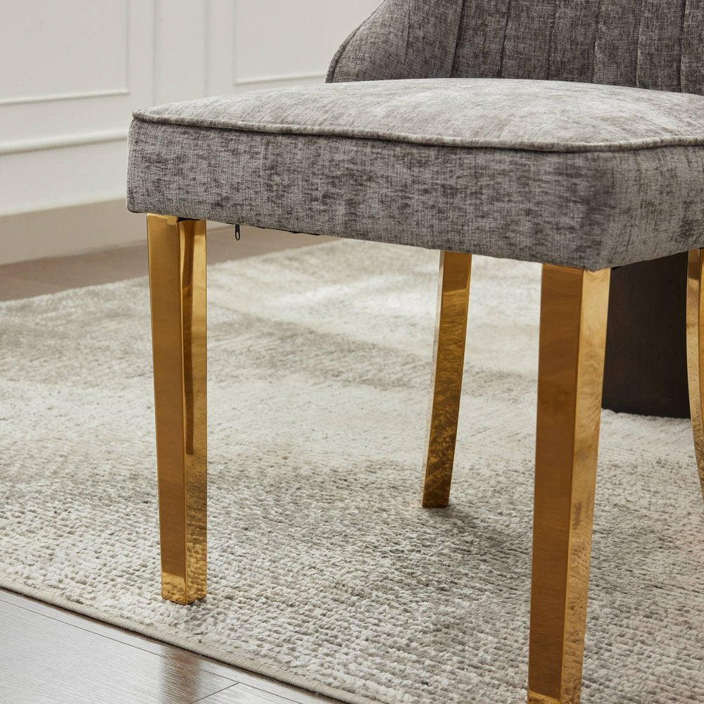 Set of Two Beige White And Gold Chenille And Stainless Steel Dining Side Chairs