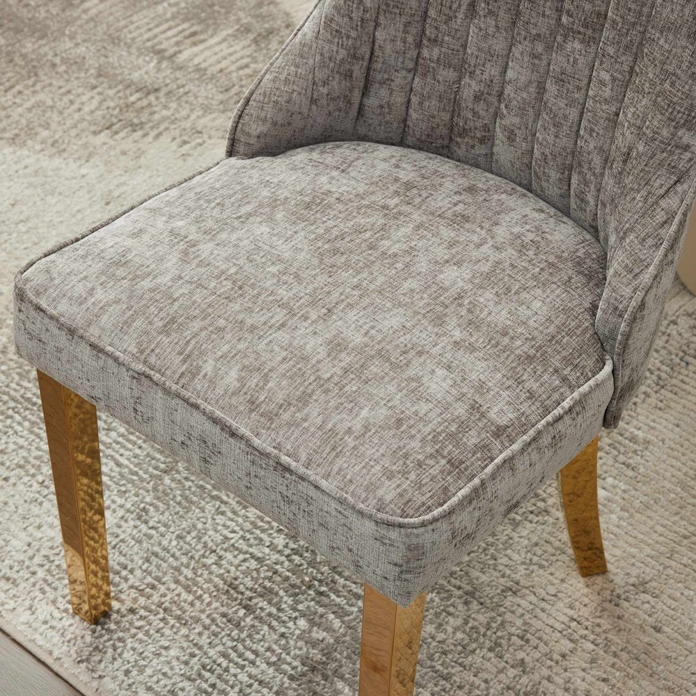 Set of Two Beige White And Gold Chenille And Stainless Steel Dining Side Chairs